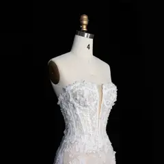 Nude Lace Fairytale Mermaid 3D Floral Train — SW649 Ivory Blush wedding dress, view 7
