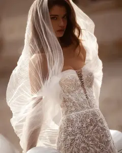 Nude Lace Mermaid Beaded Sequins Tulle Gloves — SW161 Ivory Blush wedding dress, full-length side view