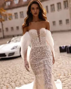 Nude Lace Mermaid Beaded Sequins Tulle Gloves — SW161 Ivory Blush wedding dress, view 5