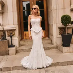 Nude Mermaid Beaded Chain Detailing With Lace Train — SW626 Ivory Blush wedding dress, full-length front view