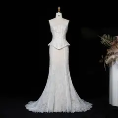 Nude Mermaid Beaded Chain Detailing With Lace Train — SW626 Ivory Blush wedding dress, view 5