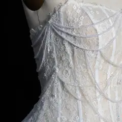 Nude Mermaid Beaded Chain Detailing With Lace Train — SW626 Ivory Blush wedding dress, view 8
