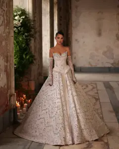 Off Shoulder Beaded Ball Gown — SW019 Ivory wedding dress, full-length back view