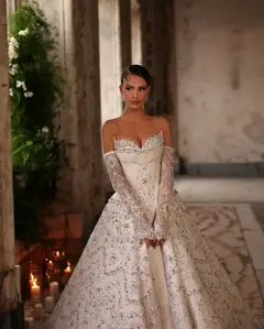 Off Shoulder Beaded Ball Gown — SW019 Ivory wedding dress, full-length side view