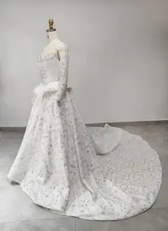 Off Shoulder Beaded Ball Gown — SW019 Ivory wedding dress, view 5