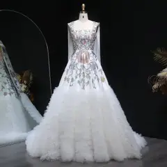 Off-Shoulder Diamond Ball Gown with Cape — SW522 Ivory wedding dress, full-length front view