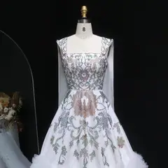 Off-Shoulder Diamond Ball Gown with Cape — SW522 Ivory wedding dress, full-length back view