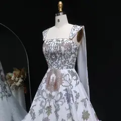 Off-Shoulder Diamond Ball Gown with Cape — SW522 Ivory wedding dress, full-length side view