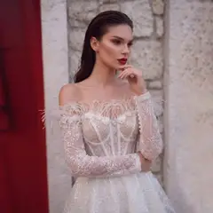Off-Shoulder Feather Lace Corset Mini — SW717 Ivory wedding dress, full-length back view