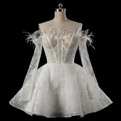 Off-Shoulder Feather Lace Corset Mini — SW717 Ivory wedding dress, full-length side view