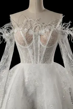 Off-Shoulder Feather Lace Corset Mini — SW717 Ivory wedding dress, view 4