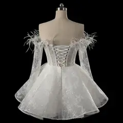 Off-Shoulder Feather Lace Corset Mini — SW717 Ivory wedding dress, close-up detail