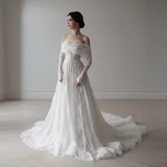 Off Shoulder with Long Sleeves — SW542 Ivory wedding dress, full-length front view