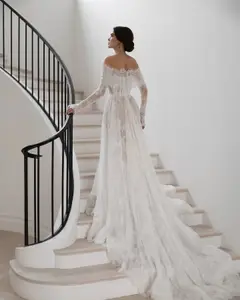 Off Shoulder with Long Sleeves — SW542 Ivory wedding dress, full-length back view