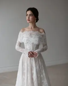 Off Shoulder with Long Sleeves — SW542 Ivory wedding dress, full-length side view