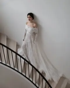 Off Shoulder with Long Sleeves — SW542 Ivory wedding dress, view 4