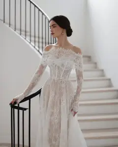 Off Shoulder with Long Sleeves — SW542 Ivory wedding dress, view 5