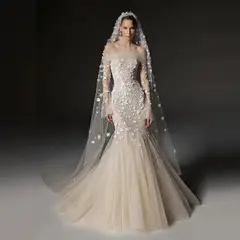 Off-the-Shoulder Beaded Floral Mermaid with Veil — SW670 Champagne wedding dress, full-length front view