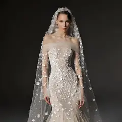 Off-the-Shoulder Beaded Floral Mermaid with Veil — SW670 Champagne wedding dress, full-length back view