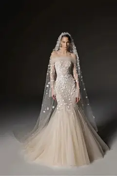 Off-the-Shoulder Beaded Floral Mermaid with Veil — SW670 Champagne wedding dress, full-length side view
