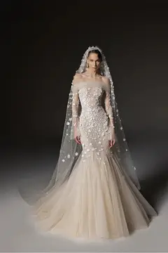 Off-the-Shoulder Beaded Floral Mermaid with Veil — SW670 Champagne wedding dress, view 4