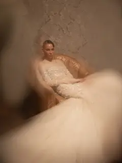 Off-the-Shoulder Beaded Floral Mermaid with Veil — SW670 Champagne wedding dress, close-up detail