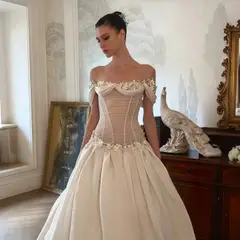 Off-the-Shoulder Floral Lace Ball Gown — SW229 Ivory wedding dress, full-length front view