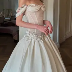 Off-the-Shoulder Floral Lace Ball Gown — SW229 Ivory wedding dress, full-length back view