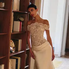 Off-the-Shoulder Lace and Satin Mermaid with Veil — SW231 Ivory wedding dress, full-length back view