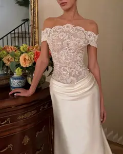 Off-the-Shoulder Lace and Satin Mermaid with Veil — SW231 Ivory wedding dress, full-length side view