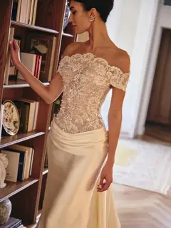 Off-the-Shoulder Lace and Satin Mermaid with Veil — SW231 Ivory wedding dress, view 7