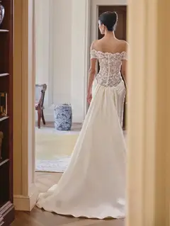 Off-the-Shoulder Lace and Satin Mermaid with Veil — SW231 Ivory wedding dress, view 8