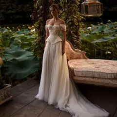Off-the-Shoulder Lace Corset Tulle Train — SW126 Ivory wedding dress, full-length front view