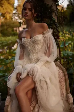 Off-the-Shoulder Lace Corset Tulle Train — SW126 Ivory wedding dress, full-length back view