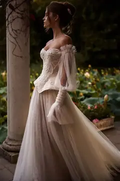 Off-the-Shoulder Lace Corset Tulle Train — SW126 Ivory wedding dress, full-length side view