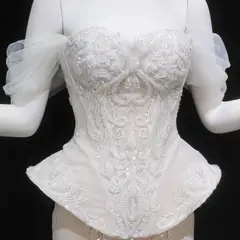 Off-the-Shoulder Lace Corset Tulle Train — SW126 Ivory wedding dress, view 8