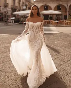 Off-the-Shoulder Lace Mermaid with Tulle Overlay — SW172 Ivory wedding dress, full-length front view