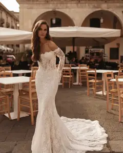 Off-the-Shoulder Lace Mermaid with Tulle Overlay — SW172 Ivory wedding dress, full-length back view