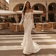 Off-the-Shoulder Lace Mermaid with Tulle Overlay — SW172 Ivory wedding dress, full-length side view