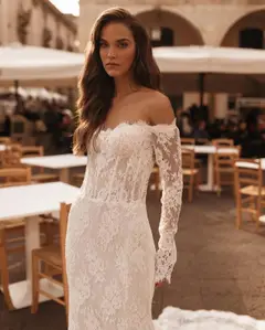 Off-the-Shoulder Lace Mermaid with Tulle Overlay — SW172 Ivory wedding dress, view 4