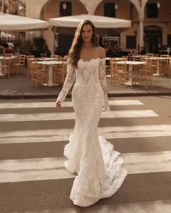 Off-the-Shoulder Lace Mermaid with Tulle Overlay — SW172 Ivory wedding dress, view 5