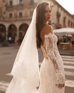 Off-the-Shoulder Lace Mermaid with Tulle Overlay — SW172 Ivory wedding dress, view 6