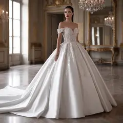 Off-the-Shoulder Lace Satin Ball Gown — SW701 Ivory wedding dress, full-length front view