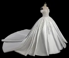 Off-the-Shoulder Lace Satin Ball Gown — SW701 Ivory wedding dress, full-length back view