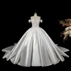 Off-the-Shoulder Lace Satin Ball Gown — SW701 Ivory wedding dress, full-length side view
