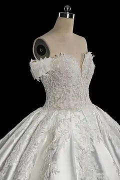 Off-the-Shoulder Lace Satin Ball Gown — SW701 Ivory wedding dress, view 4