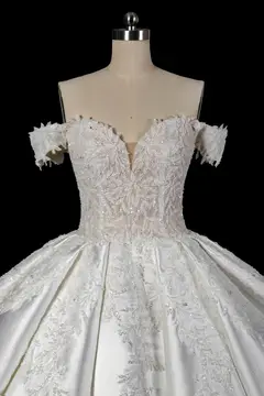 Off-the-Shoulder Lace Satin Ball Gown — SW701 Ivory wedding dress, view 5