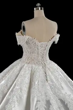 Off-the-Shoulder Lace Satin Ball Gown — SW701 Ivory wedding dress, view 7