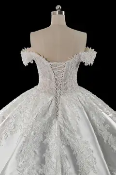 Off-the-Shoulder Lace Satin Ball Gown — SW701 Ivory wedding dress, view 8