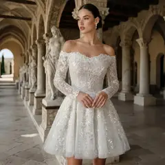 Off-the-Shoulder Lace Short — SW723 Ivory wedding dress, full-length back view
